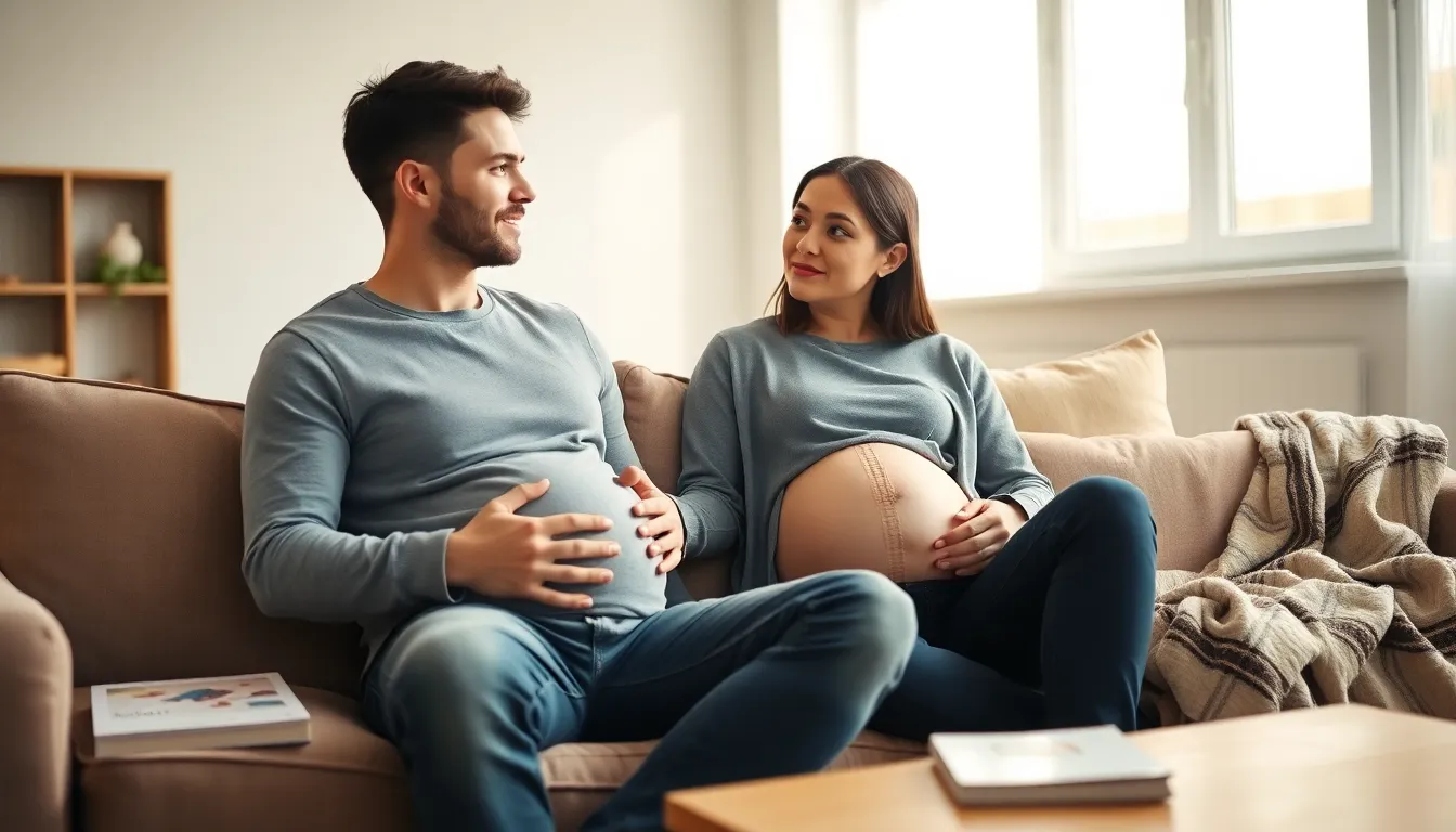 expectant parents in a cozy living room, holding hands and preparing for parenthood.