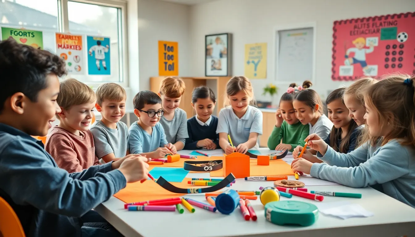 children engaged in sports crafts in a colorful classroom setting.