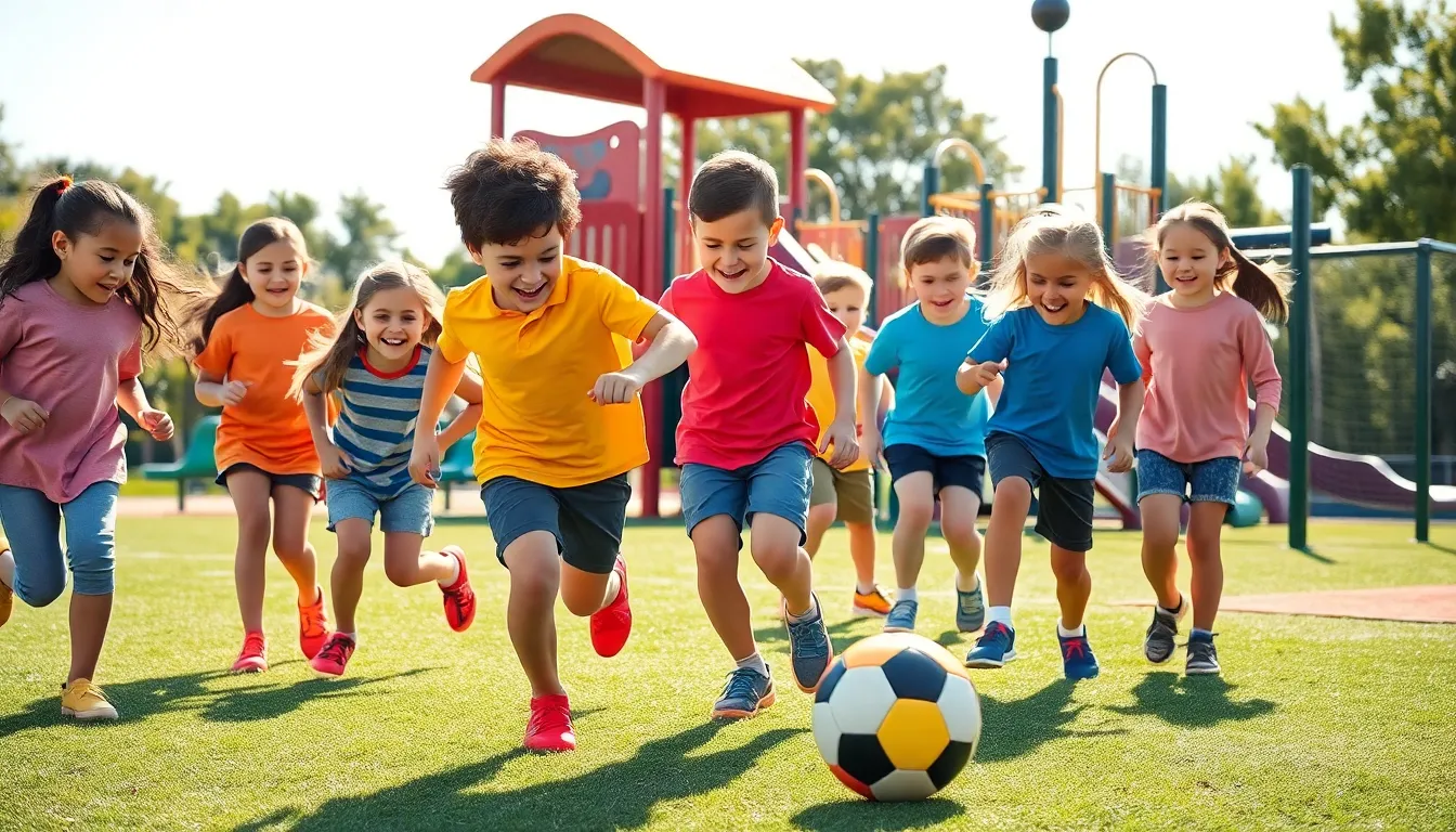 children playing sports games in a lively playground.