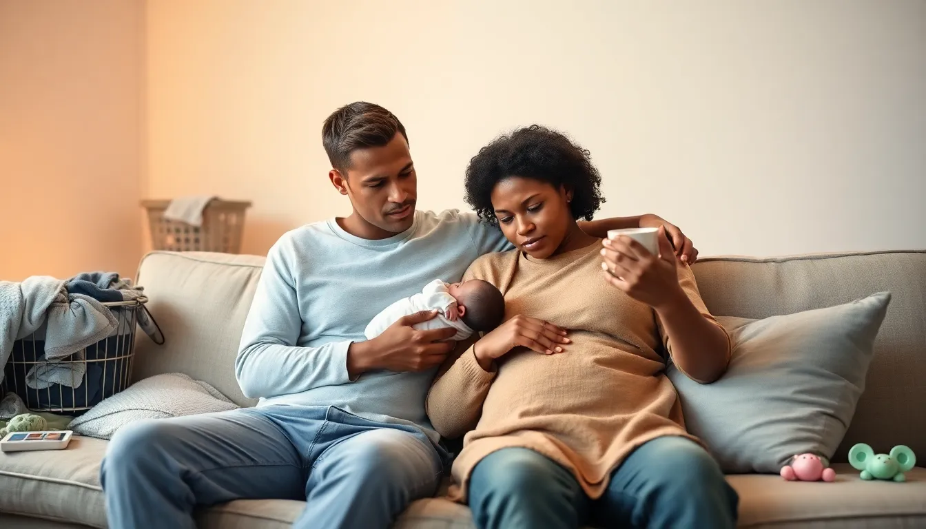 exhausted new parents bonding in a cozy living room.