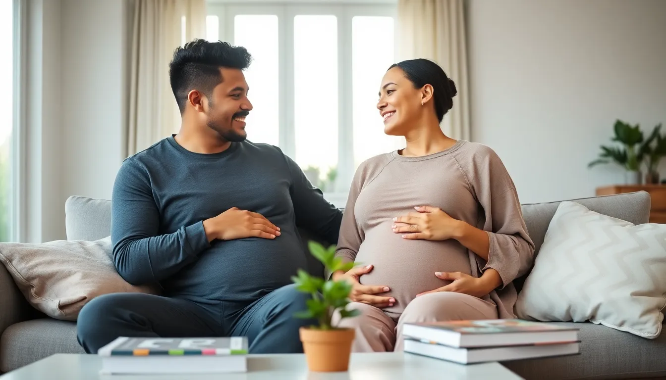 expectant couple in a cozy living room, embracing the journey of pregnancy.