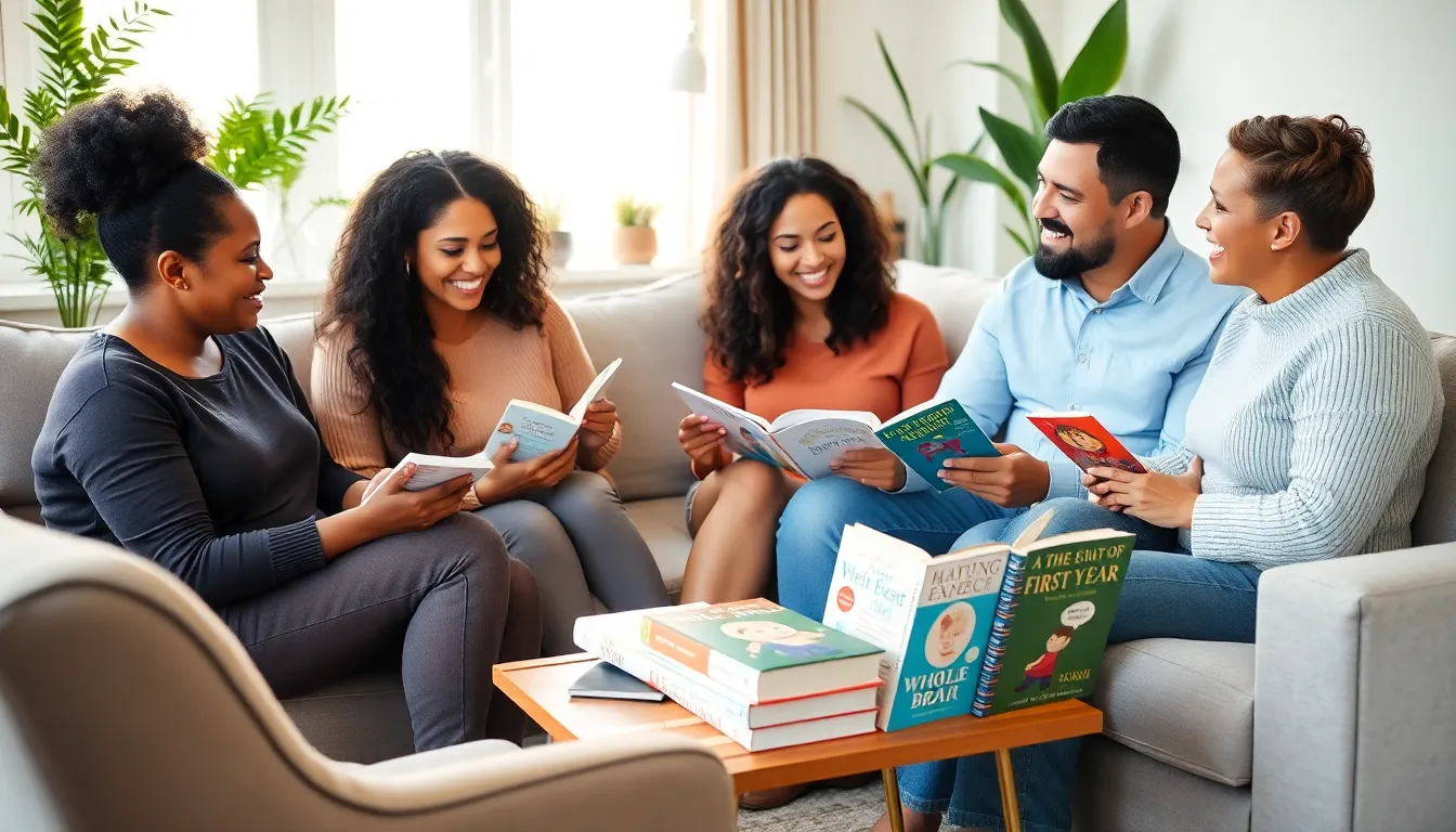 diverse group of parents discussing essential parenting books in a cozy room.
