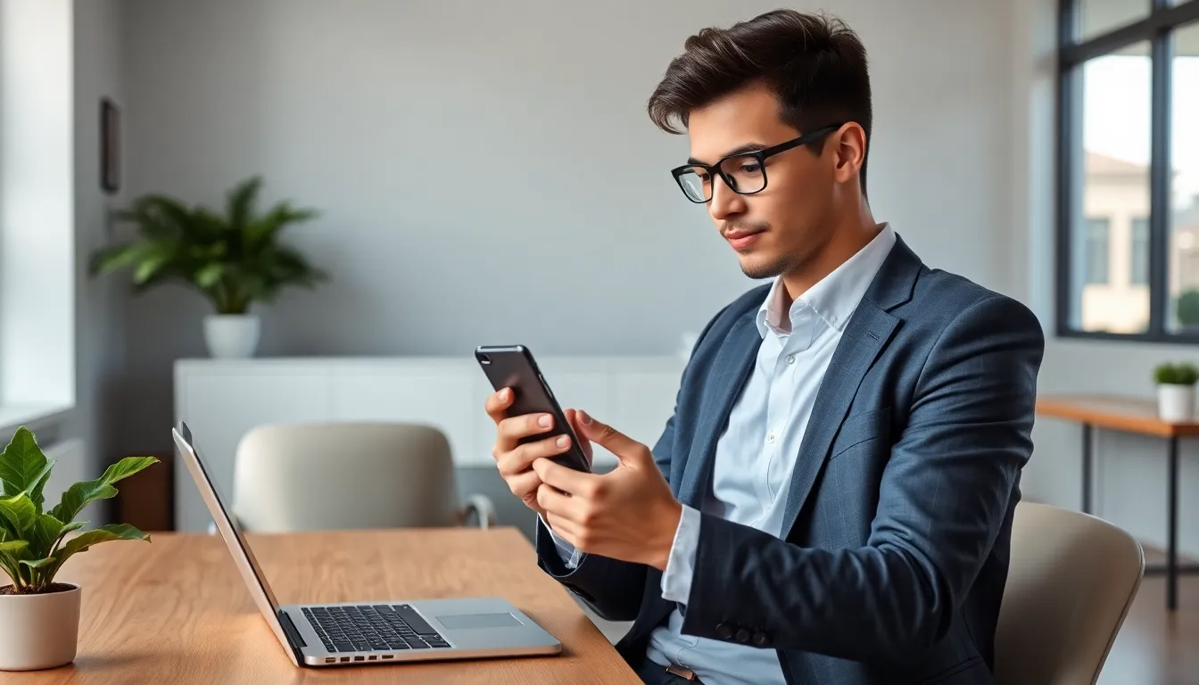 person checking iPhone Screen Time in a modern office.