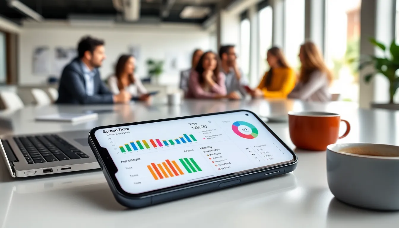 smartphone displaying Screen Time dashboard in a modern office.