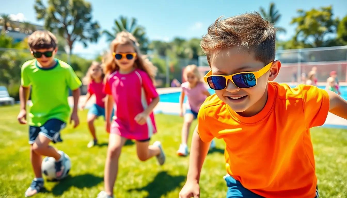 children wearing sports sunglasses while engaging in outdoor activities.
